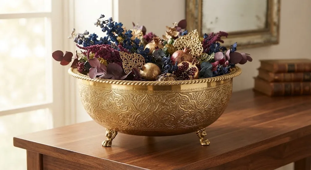 [ORN-05-005-0001] Recipiente metálico decorado dourado